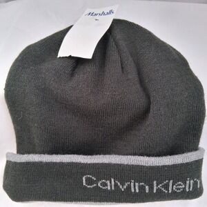 Calvin Klein Men's Knit Beanie Hat Black Gray Reversible Logo NEW WITH TAGS!